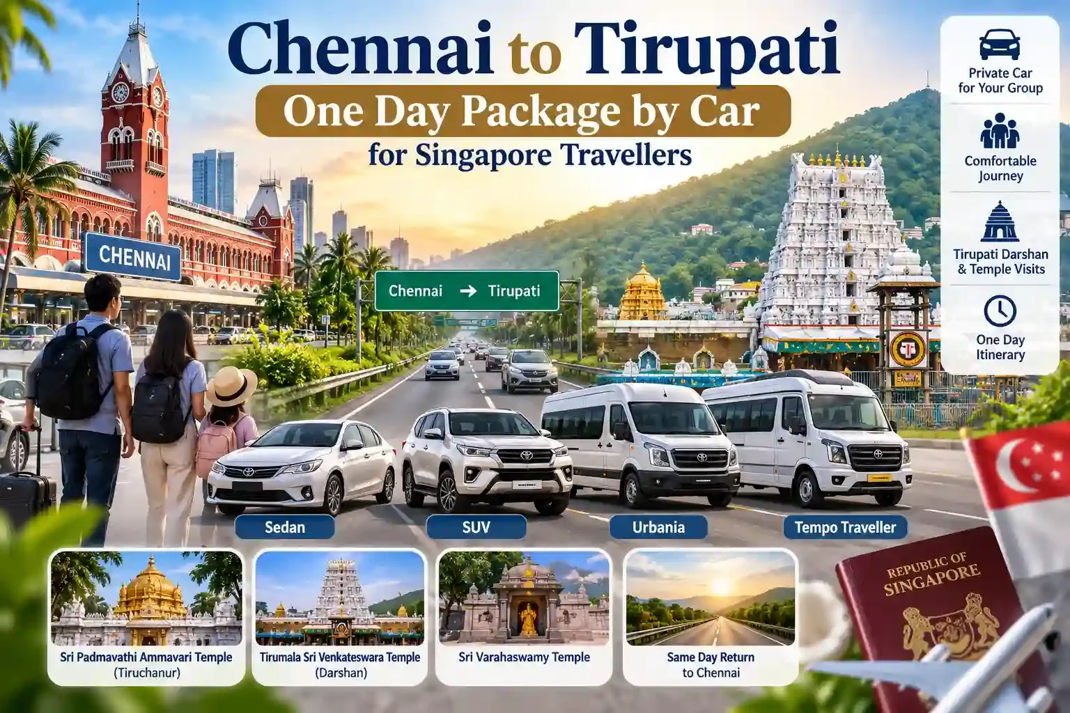 Chennai to Tirupati one day package by car for Singapore travellers